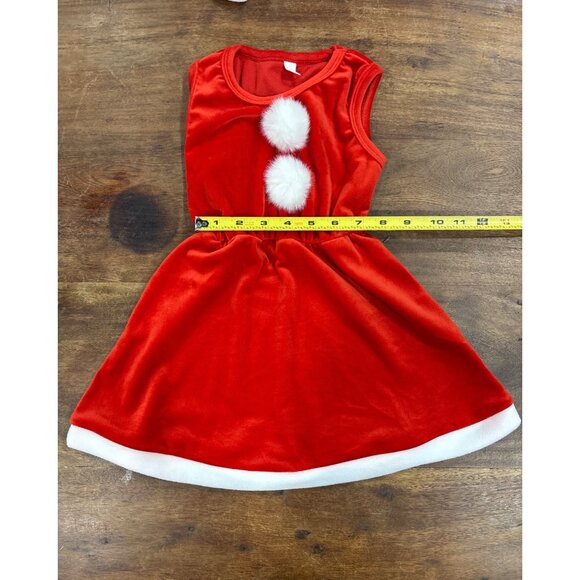 Santa Inspired Christmas Dress W/ White Trim & Pom-Pom Hood For Toddler 2 Piece - Picture 8 of 9